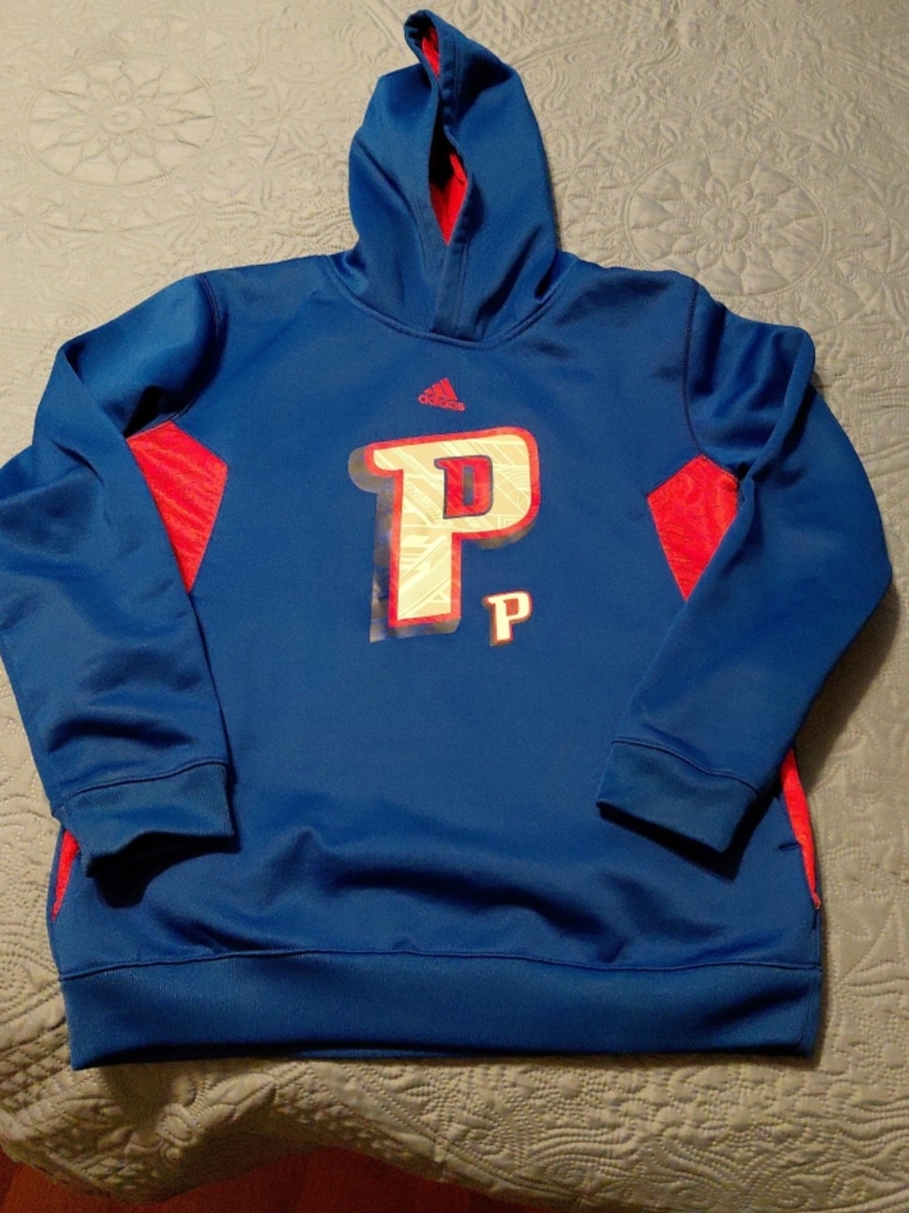 adidas Blue Hooded Pullover with Red Accents and 'P' Graphic